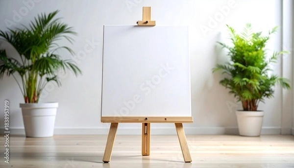 Fototapeta “Blank white canvas on wooden easel in sunlit minimalist room”