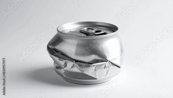Fototapeta “Crushed aluminum soda can on white surface with scattered fragments”