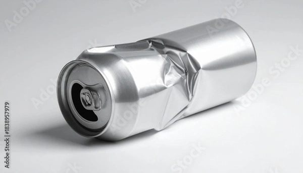 Fototapeta “Crushed aluminum soda can on white surface with scattered fragments”