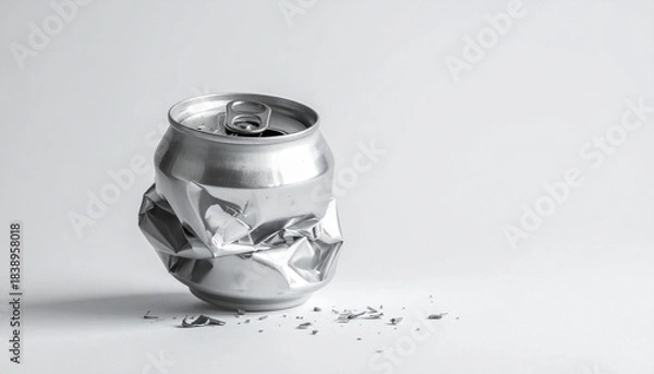 Fototapeta “Crushed aluminum soda can on white surface with scattered fragments”