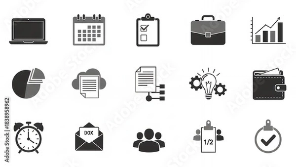 Obraz Essential collection of modern monochrome business icons for planning finance and team collaboration projects