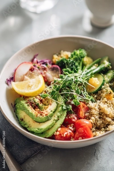 Fototapeta healthy lunch bowl with quinoa, avocado and vegetables