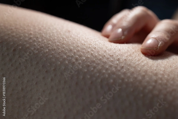Obraz A hand gently touches skin showing goosebumps, indicating a strong emotional response to an experience. The setting is likely indoors, with focused light enhancing the skin texture.