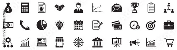 Fototapeta Business and finance icon set. Vector glyph pictograms of briefcase, chart, money, banking, accounting, handshake, calendar, corporate, marketing, investment concept black silhouette. vector eps file.