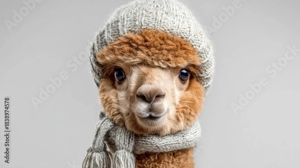 Obraz Adorable Alpaca Wearing Cozy Knitted Hat and Scarf, Captivating Furry Fashion for Unique and Fun Winter-themed Photography Collection