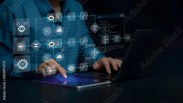 Fototapeta AI automation workflow diagram, artificial intelligence software interface nodes triggers data tool dashboard coding icon flow process technology. Ai agent and process flow on digital code background.