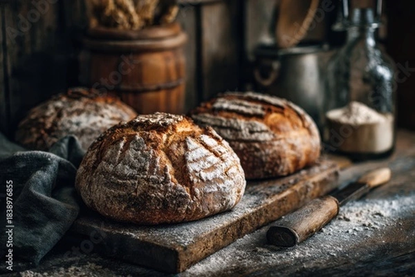Fototapeta freshly baked bread on wooden board
