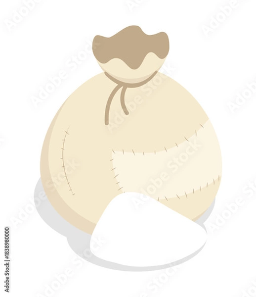 Fototapeta Isometric cloth bag containing finely ground flour, rye groats, sugar or salt. Isolated cartoon vector on white background top view