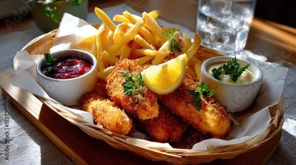 Obraz Deep frying fish and chips with sauces and lemon