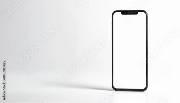 Obraz ライトグレー背景に直立する白抜き画面のスマートフォンのモックアップ　白いディスプレイのスマホ
