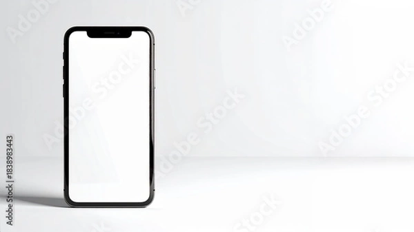 Obraz ライトグレー背景に直立する白抜き画面のスマートフォンのモックアップ　白いディスプレイのスマホ