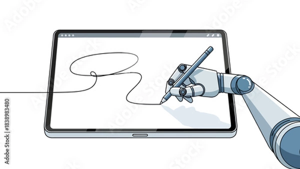 Obraz A robotic arm draws a continuous line on a digital tablet screen