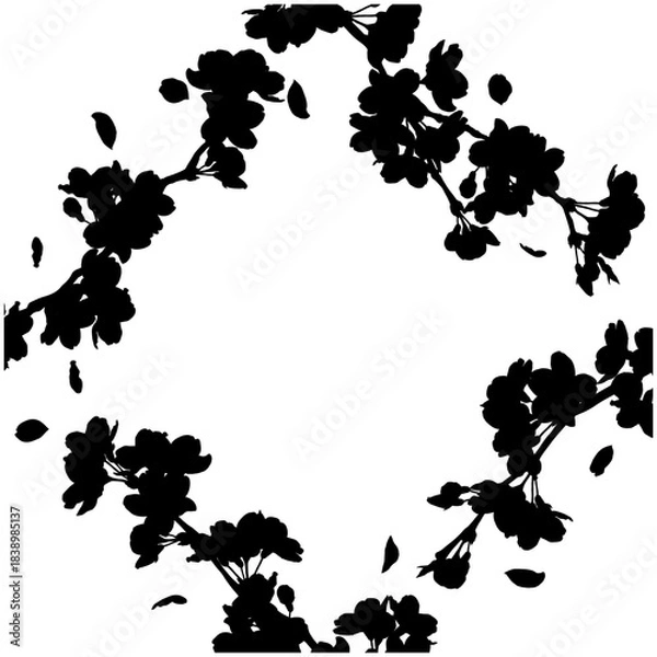 Obraz さくらのフレーム⑯ななめ正方形_周囲_シルエット_黒