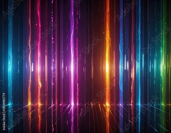 Obraz Vertical bands of vibrant neon colors in a dark space, reflective ground