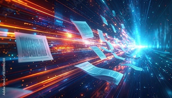 Obraz Digital documents streaming through a dynamic data tunnel with bright blue and orange hues