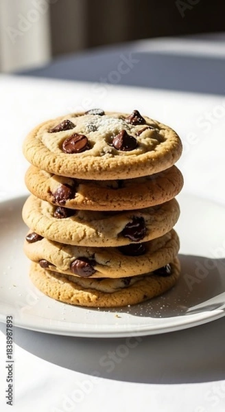 Fototapeta A stack of chocolate chip cookies on a white plate, positioned on a white surface, with sunlight adding depth