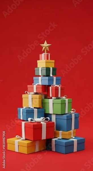Fototapeta A stack of colorful gift boxes forming a Christmas tree shape, topped with a golden star, set against a red background