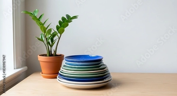Fototapeta A stack of colorful plates sits next to a potted plant near a window on a light wood surface. The background is white