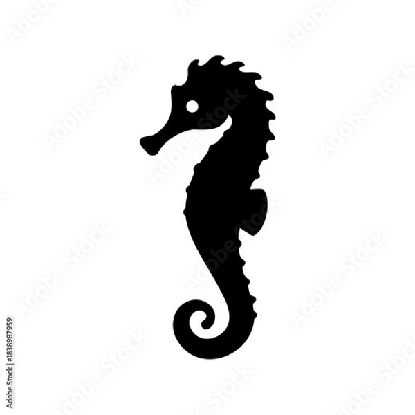 Fototapeta Black seahorse silhouette on a white background, minimalist ocean design.