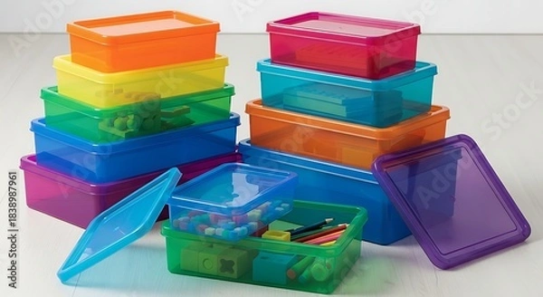 Fototapeta A stack of colorful rectangular plastic storage containers with various lid arrangements. Some containers have small items inside