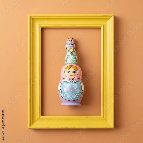 Fototapeta A stack of colorful, traditional nesting dolls sit within a bright yellow picture frame, set against a warm apricot background