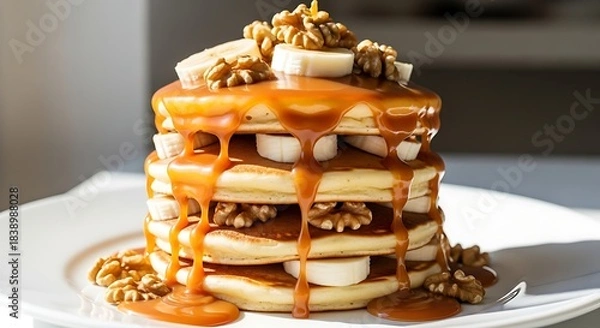 Fototapeta A stack of fluffy golden pancakes layered with banana slices and walnuts, drizzled with caramel sauce, presented on a white plate
