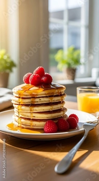 Fototapeta A stack of fluffy golden-brown pancakes drizzled with syrup and topped with fresh red raspberries, with orange juice and light