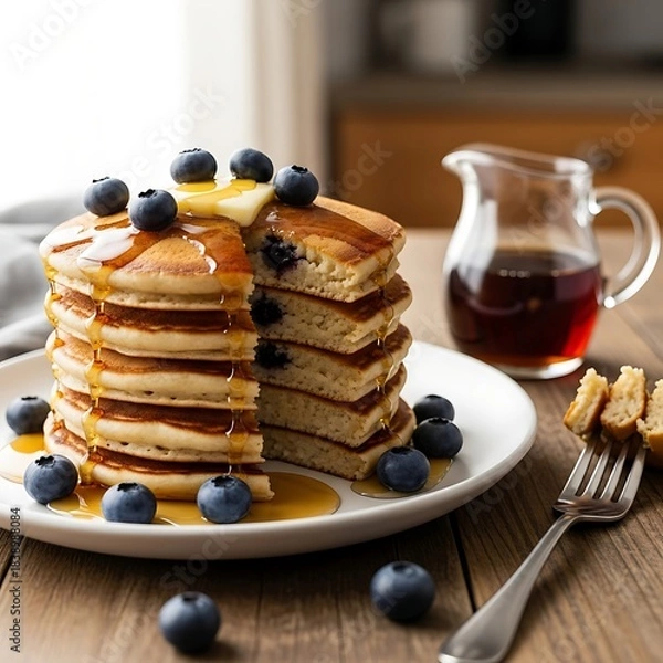 Fototapeta A stack of golden pancakes with blueberries, butter, and maple syrup, with a pitcher, fork, and plate on a wooden table
