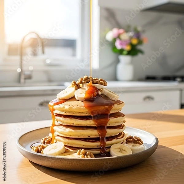 Fototapeta A stack of golden pancakes with syrup, bananas, and walnuts is bathed in sunlight against a bright kitchen backdrop