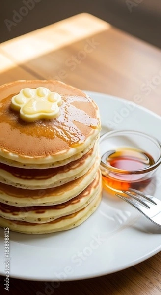 Fototapeta A stack of golden-brown griddle cakes on a white plate, topped with a paw-shaped butter pat and syrup. A small glass of syrup and a fork are next to them