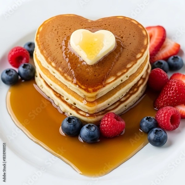 Fototapeta A stack of heart-shaped pancakes topped with butter and syrup, surrounded by fresh berries, on a white plate