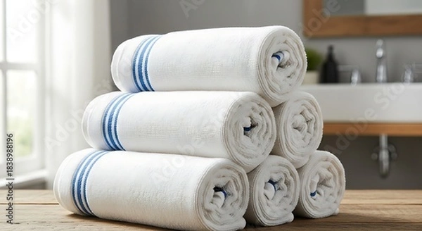Fototapeta A stack of neatly rolled, fluffy white washcloths with two blue stripes, arranged atop a wooden surface in a bright, inviting bathroom