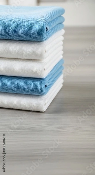 Fototapeta A stack of neatly folded textiles in alternating blue and white, resting on a wooden surface with a soft, blurred background