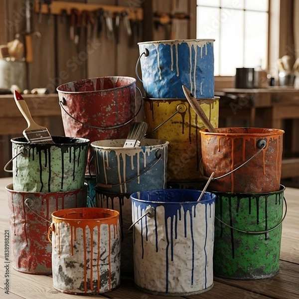 Fototapeta A stack of paint cans, in varying colors, sits in a cluttered workshop. Paint drips down their sides. Paint brushes rest inside