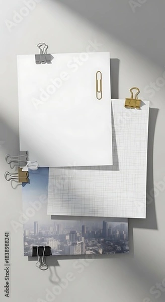 Fototapeta A stack of papers, secured with clips, one with a city photo, another grid-lined, and a few plain white, against a neutral backdrop