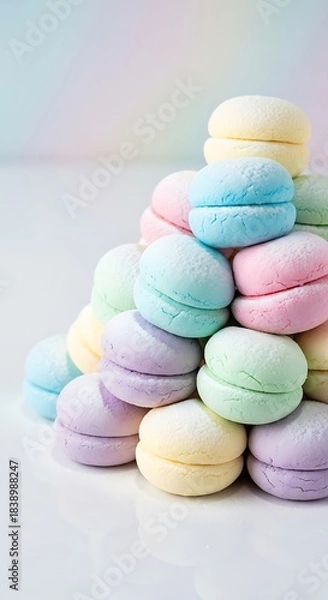 Fototapeta A stack of pastel-colored, round treats on a white surface, with a blurred, rainbow-hued background. The sweets are neatly arranged