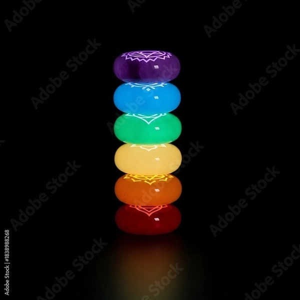 Fototapeta A stack of seven vibrantly colored, glowing orbs arranged vertically against a black background. Each sphere displays a subtle, decorative heart-shaped pattern
