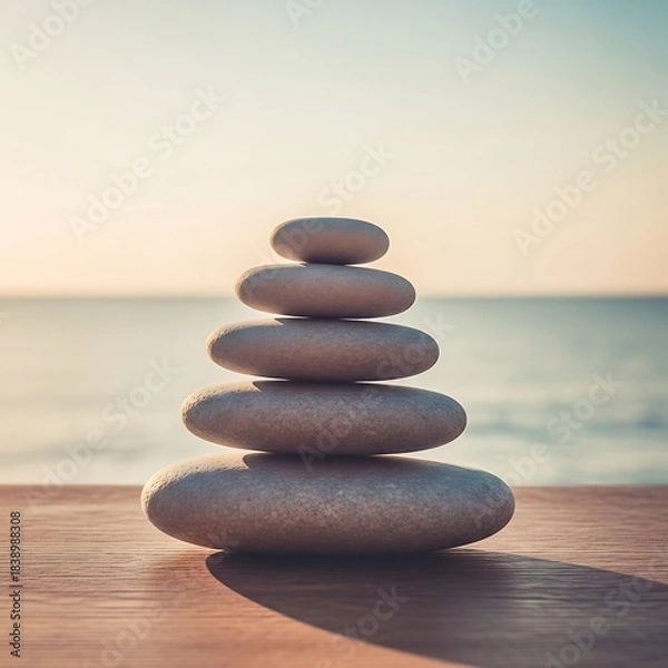 Fototapeta A stack of smooth, balanced stones sits on a wooden surface with a soft, blurred ocean and sky backdrop. A sense of calm is evoked