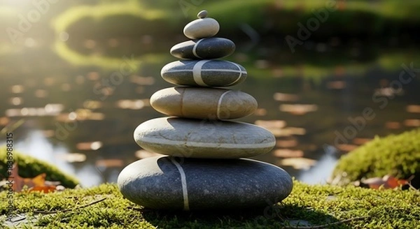 Fototapeta A stack of smooth, balanced stones of varying colors and sizes, placed in front of a blurred natural setting