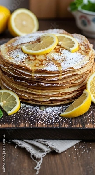 Fototapeta A stack of thin, golden pancakes drizzled with syrup and powdered sugar, lemon slices adorn the top. Fresh lemons sit beside