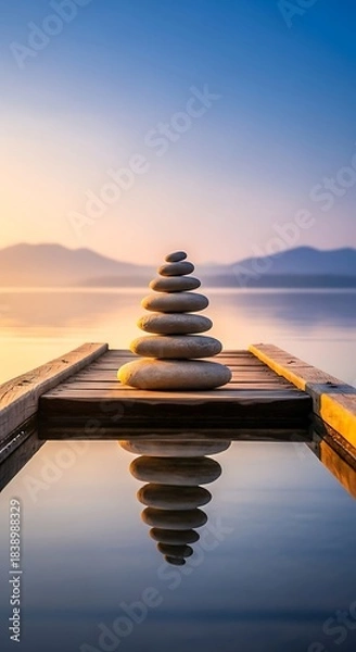 Fototapeta A stack of smooth stones, perfectly balanced, sits at the end of a wooden pier, reflecting in the still water. Mountains in background