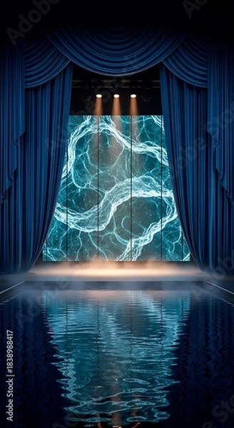 Fototapeta A stage with blue curtains framing a screen with flowing water visuals, illuminated by spotlights, and reflecting on the stage