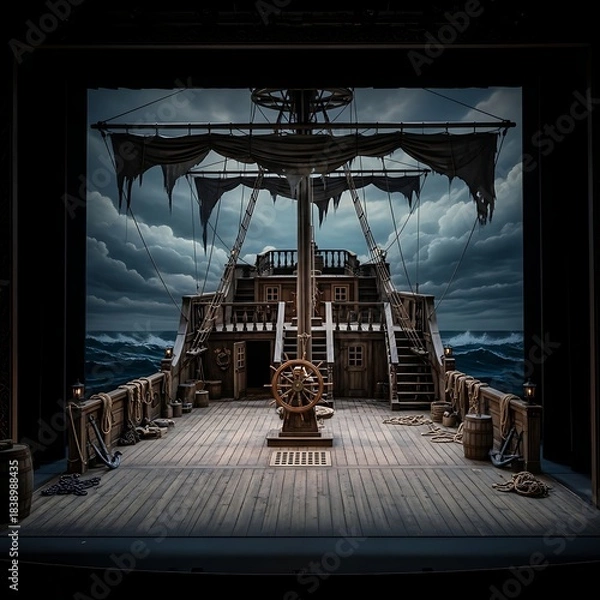 Fototapeta A stage setting depicting a weathered, old ship on a tumultuous sea, under a moody, overcast sky. The wooden deck and masts are detailed