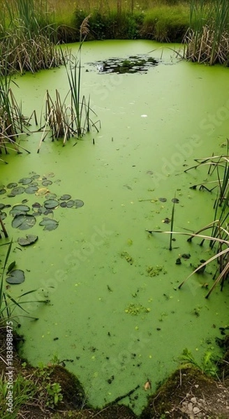 Fototapeta A stagnant pond choked with green algae and lily pads. Tall reeds and grasses surround the murky water
