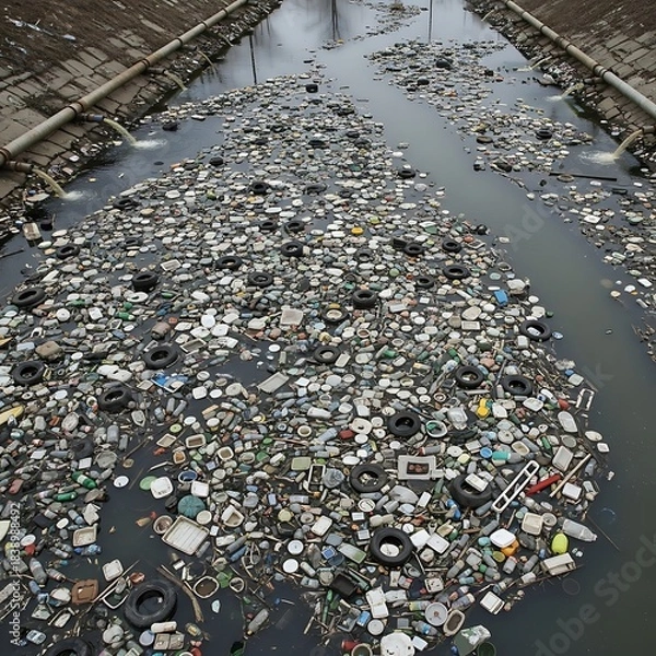 Fototapeta A stagnant waterway overwhelmed by various types of trash, tires, plastic and debris, pollution