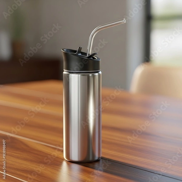 Fototapeta A stainless steel cylindrical container sits on a polished wooden table, a black lid and clear straw protrude. A blurred backdrop
