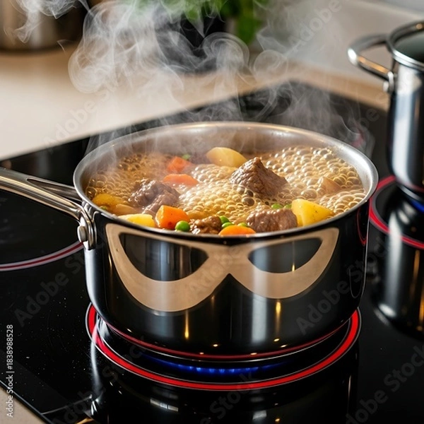 Fototapeta A stainless steel pot simmers a hearty stew on a modern cooktop, steam rising from the bubbling contents. The image is brightly lit