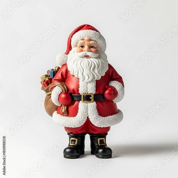 Fototapeta A standing ceramic figurine of Santa Claus, dressed in his classic red suit with white fur trim and carrying a bulging sack of gifts