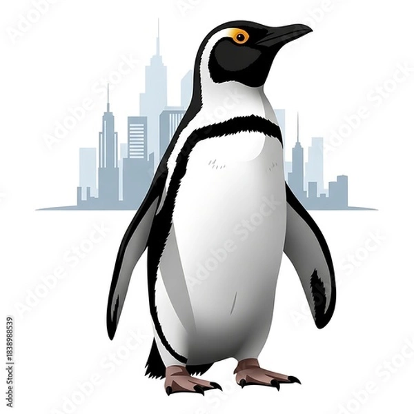 Fototapeta A standing penguin against a backdrop of a city skyline, featuring a grayscale gradient for architectural elements