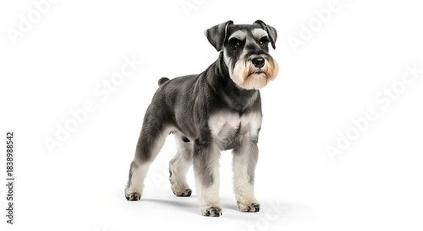 Fototapeta A standing portrait of a dog with grey and white fur against a clean white background. It's a breed known for its distinctive beard